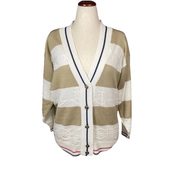 Cristin Stevens Vintage Striped Knit Cardigan Nautical Coastal Anchor Size Large - Picture 1 of 7